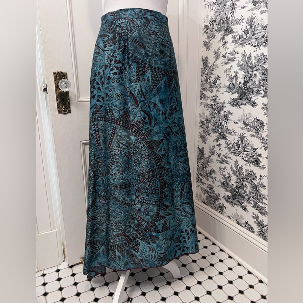 Peruvian Connection women’s Asymmetrical hemTeal Patterned A-Line Maxi Skirt 10